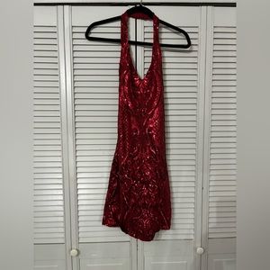 Red Sparkly Halter Top Homecoming Dress